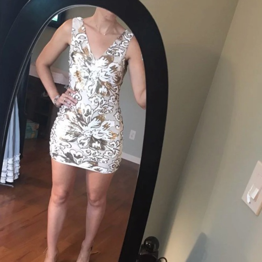 White and gold sequin floral mini dress
